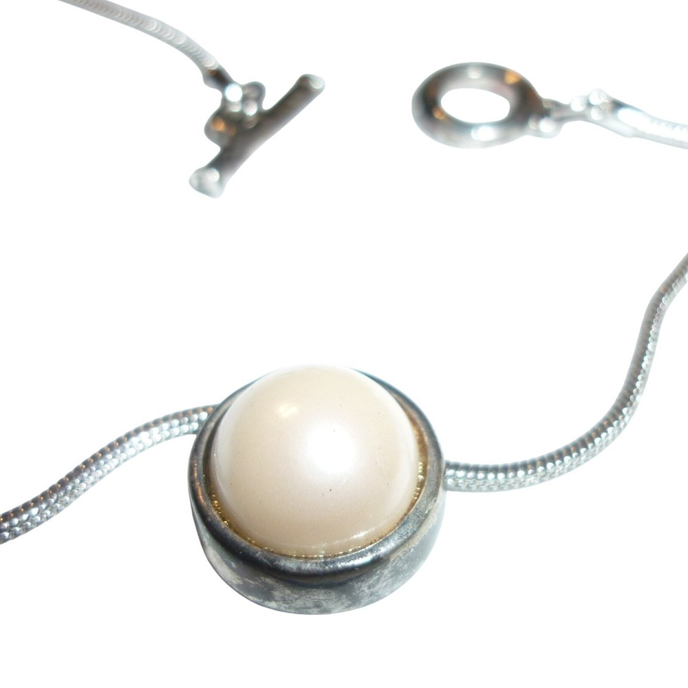 Silver Tone Snake‎ Chain Necklace Faux Mabe Pearl Pendant Toggle Jewelry